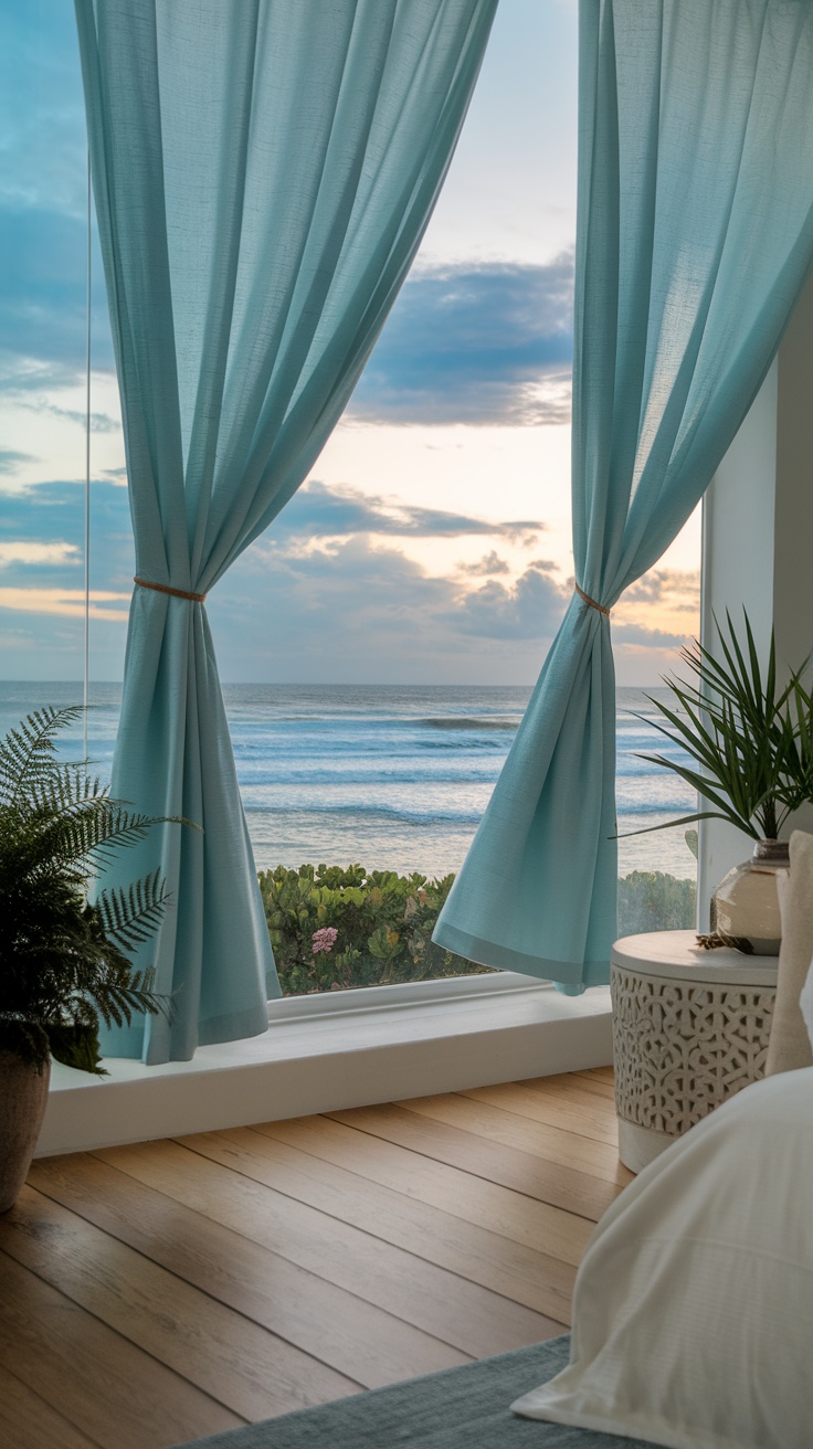 A cozy room with light blue curtains framing a beautiful beach view.