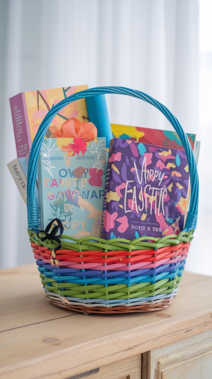 An Easter basket filled with colorful books for teens.