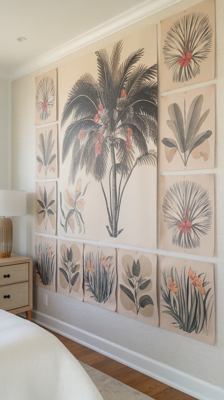Botanical coastal artwork displayed on a bedroom wall featuring various plants and flowers.