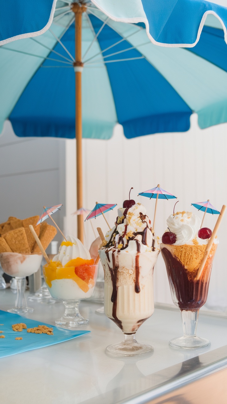 Colorful ice cream sundaes with decorative umbrellas and toppings at a bridal shower sundae bar