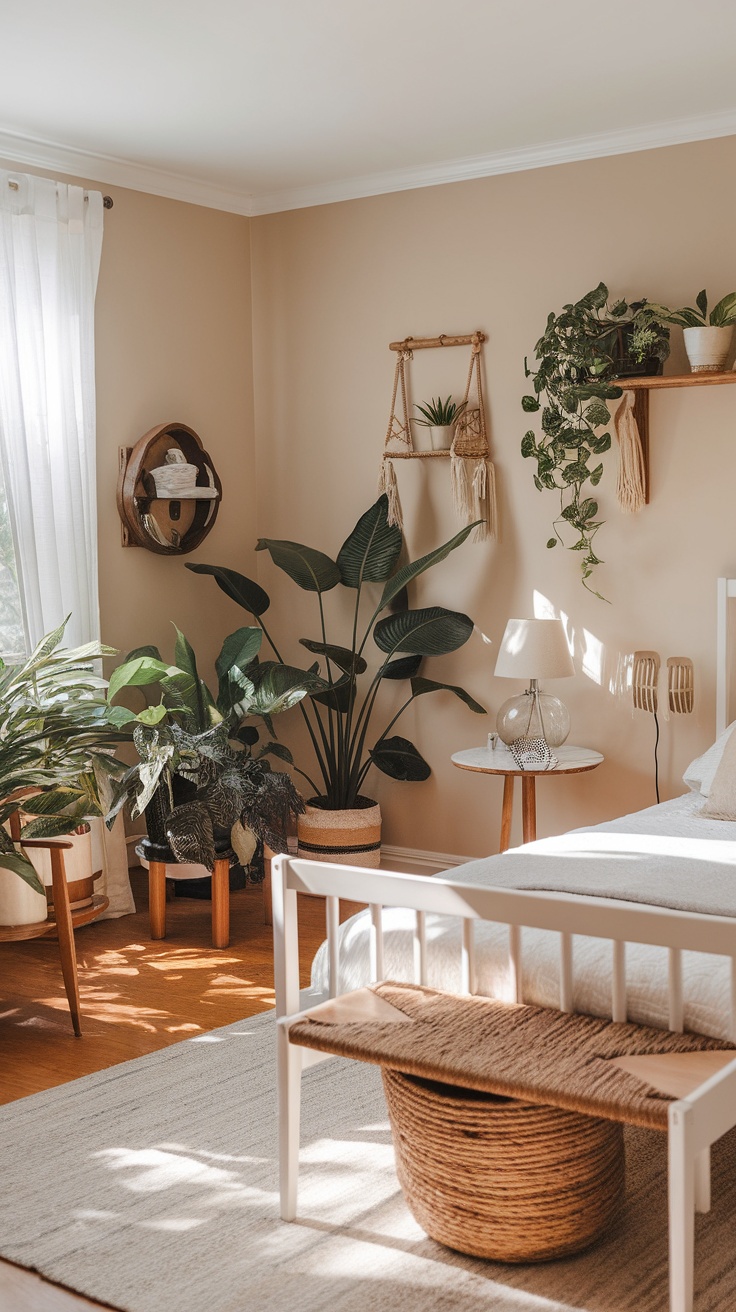 A beachy boho bedroom featuring various indoor plants, a bed, and natural light.