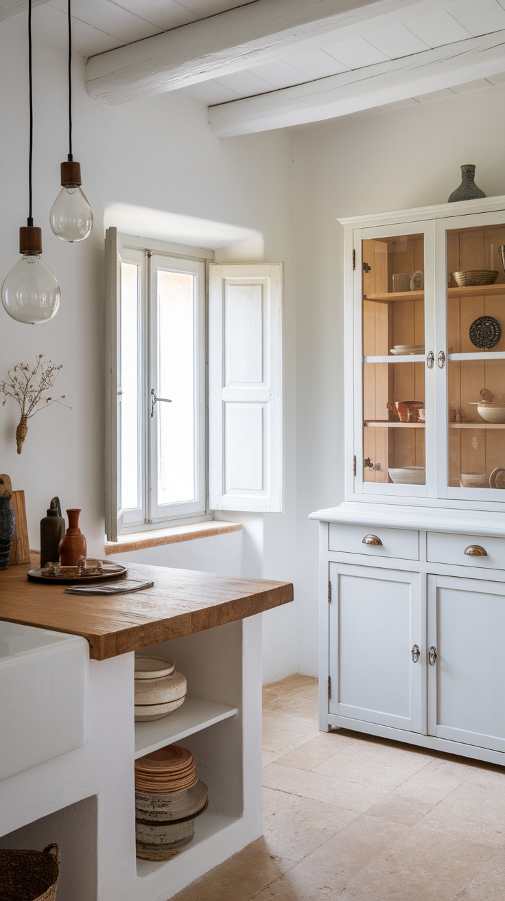 A cozy tiny cottage kitchen with light fixtures and a wooden countertop.