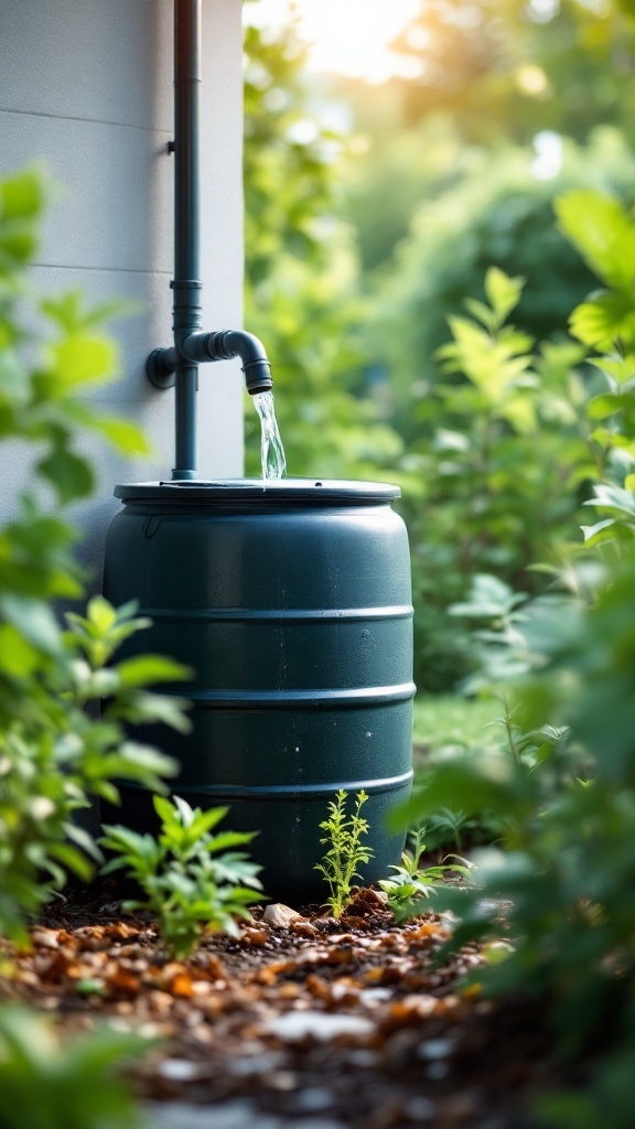 A rainwater collection barrel in a lush garden setting, with water flowing into it.