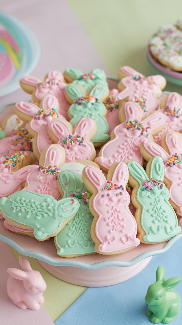 A platter filled with bunny-shaped sugar cookies in pink and green icing, decorated with sprinkles.