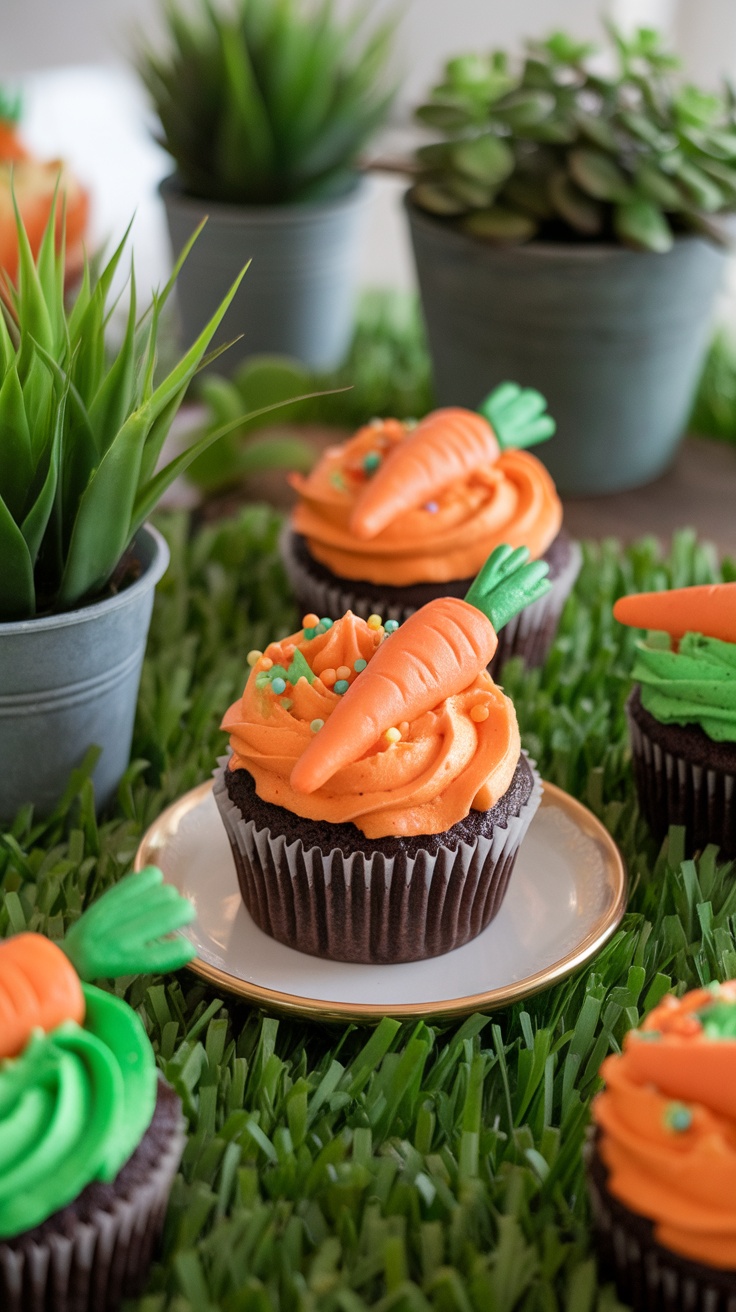 Close-up of decorated carrot patch cupcakes with chocolate bases and orange frosting.