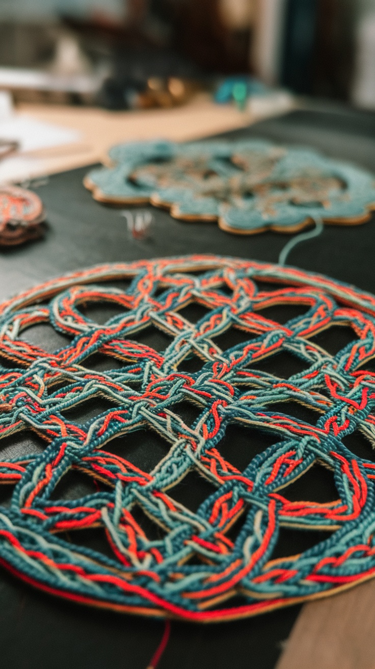 Colorful Celtic knot design in progress, showcasing intricate weaving patterns.