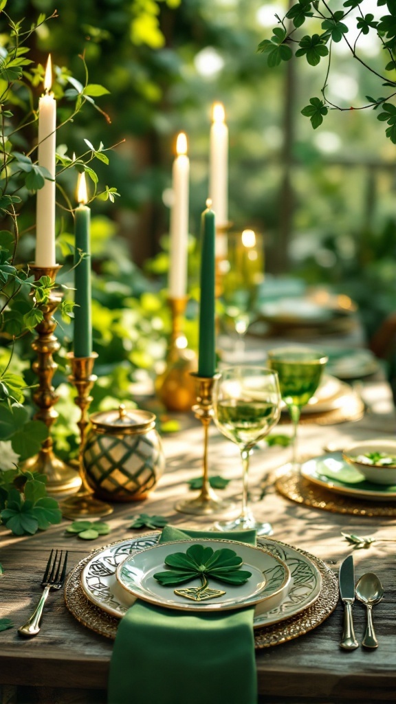 A beautifully set table with Celtic knot decorations for St. Patrick's Day, featuring green candles, plates, and a shamrock centerpiece.