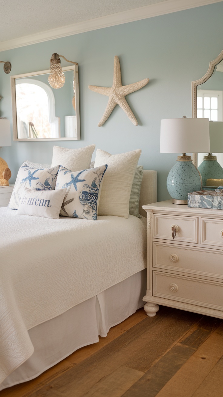A cozy coastal bedroom featuring blue walls, white bedding, and starfish-themed pillows.