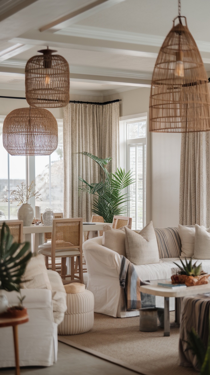 Cozy coastal living room with woven pendant lights and neutral furnishings.