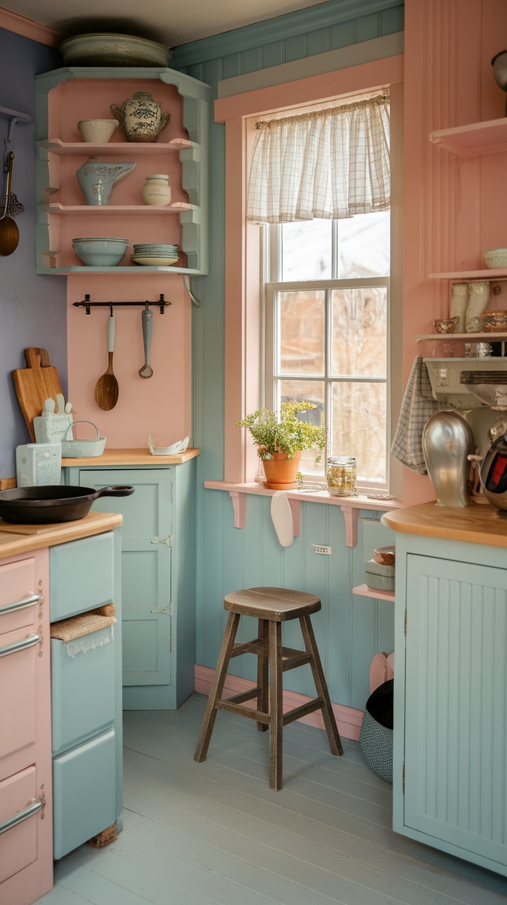 A cozy cottage kitchen with pastel colors and natural decor.