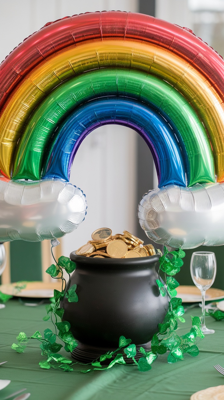 A colorful rainbow arching over a black pot filled with gold coins, surrounded by green clovers.