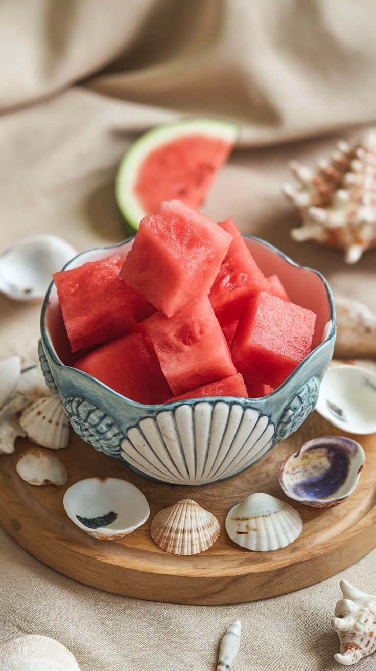 A bowl of chilled watermelon cubes surrounded by seashells.