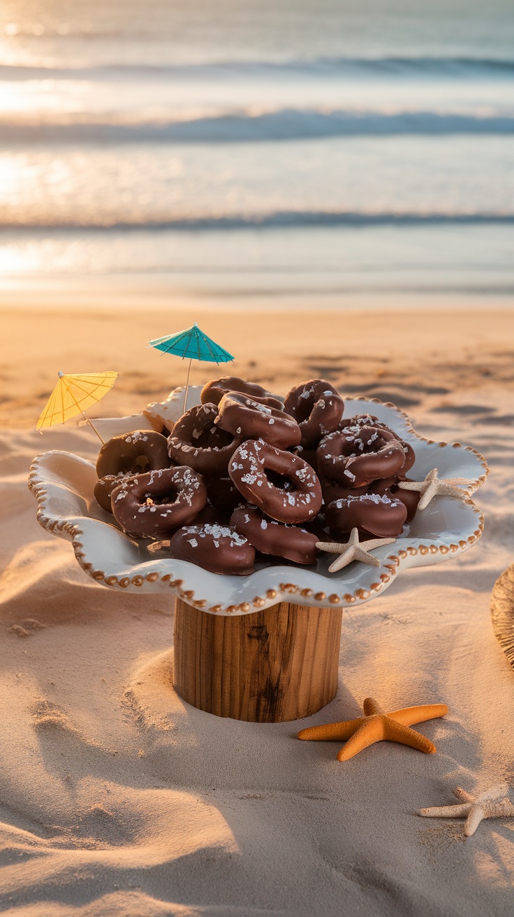 A plate of chocolate-covered pretzels sprinkled with sea salt, decorated with small umbrellas, on a sandy beach.