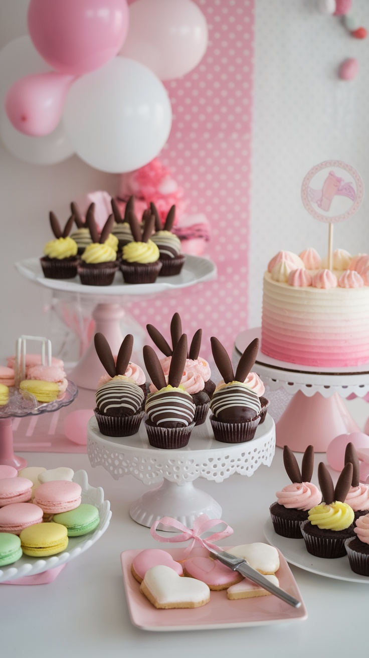 An array of cute Easter desserts including chocolate-dipped strawberry bunnies, cupcakes, and macarons.