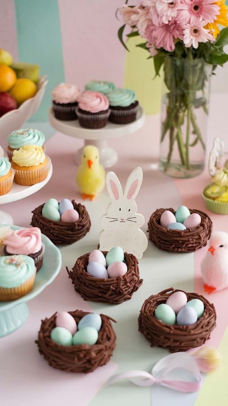 Chocolate egg nest treats with candy eggs in a festive setup, surrounded by cupcakes and decorative items for Easter.