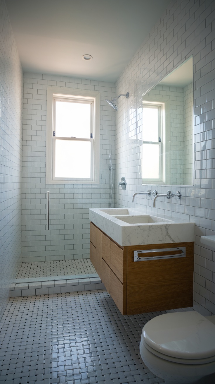 A small bathroom featuring a floating vanity, white tiled walls, and a minimalistic design.