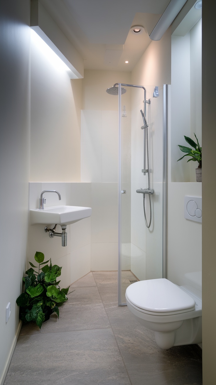 A small bathroom with a wall-mounted sink, compact shower, and decorative plants.