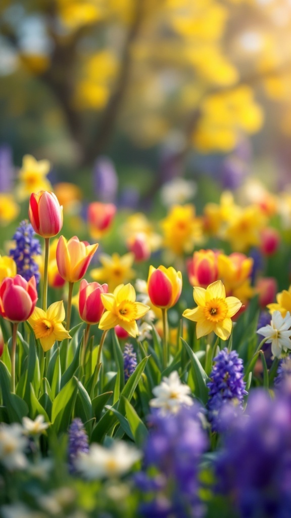 A beautiful spring garden filled with colorful tulips, daffodils, and hyacinths.