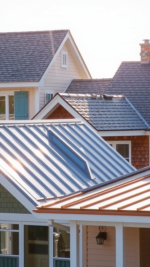 Various beach cottage rooftops showing different materials and colors.