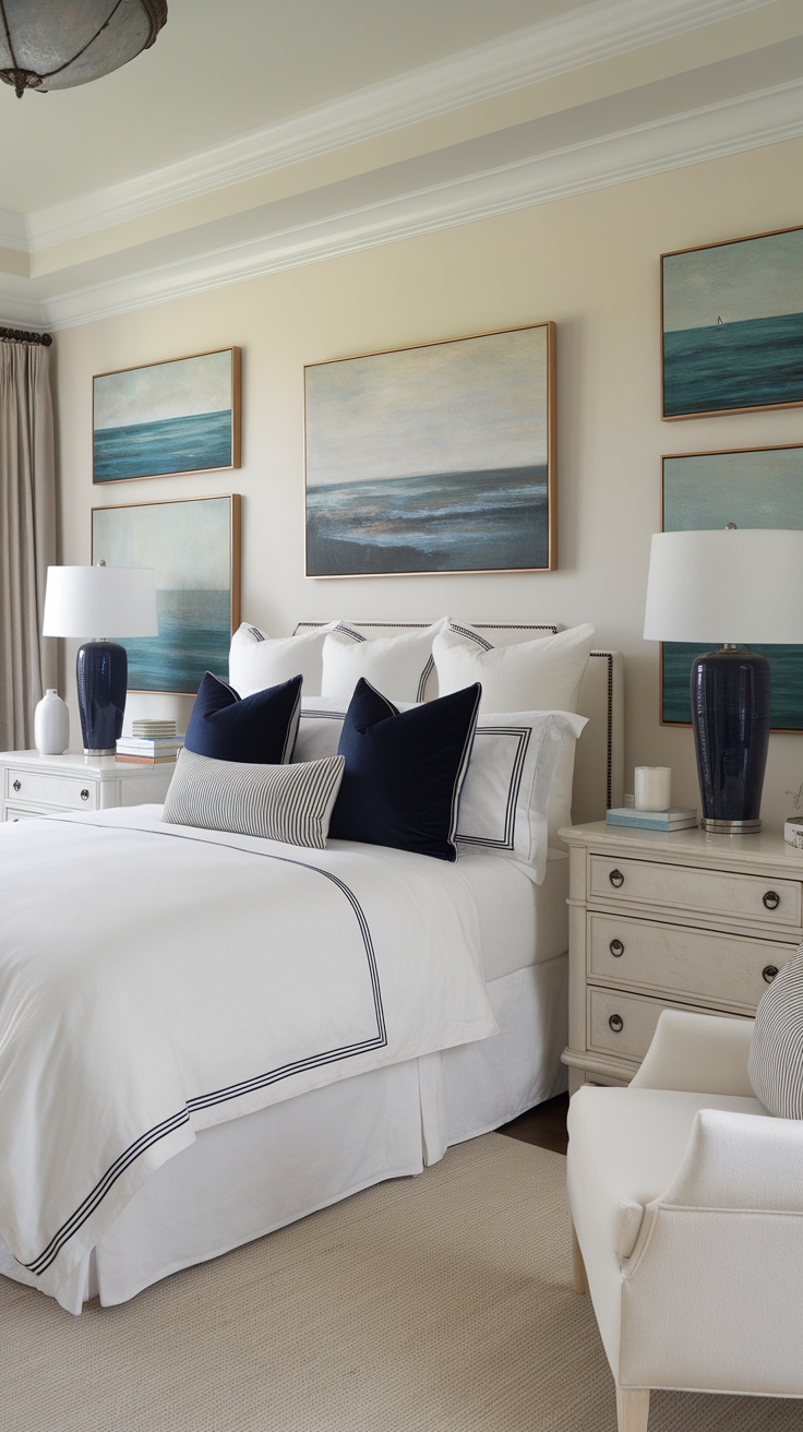 A coastal cottage bedroom featuring ocean-themed artwork on the walls.