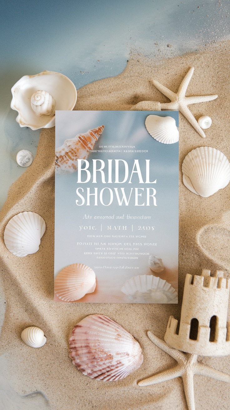 A bridal shower invitation on sand with seashells and a sandcastle decoration.