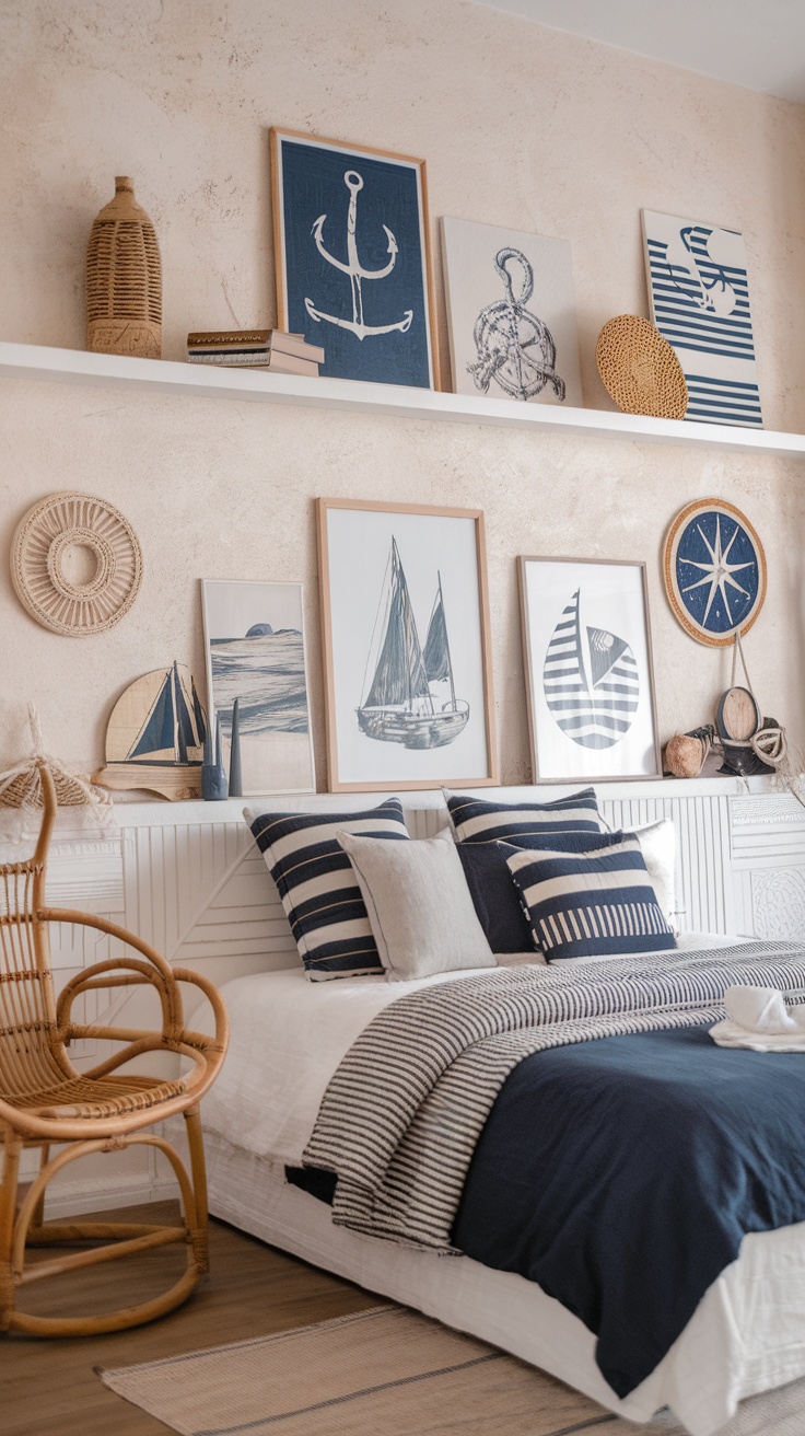 Boho coastal bedroom with nautical artwork and prints on the wall