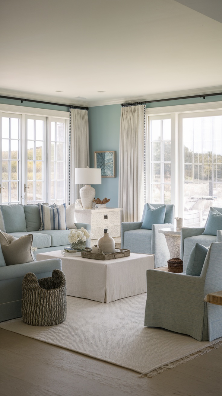 A bright and airy living room with coastal decor featuring soft blue and neutral tones.