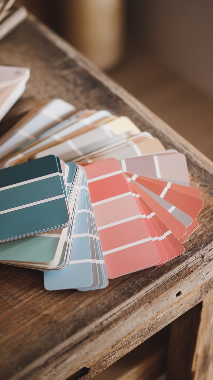 Color swatches in coastal hues displayed on a wooden surface.