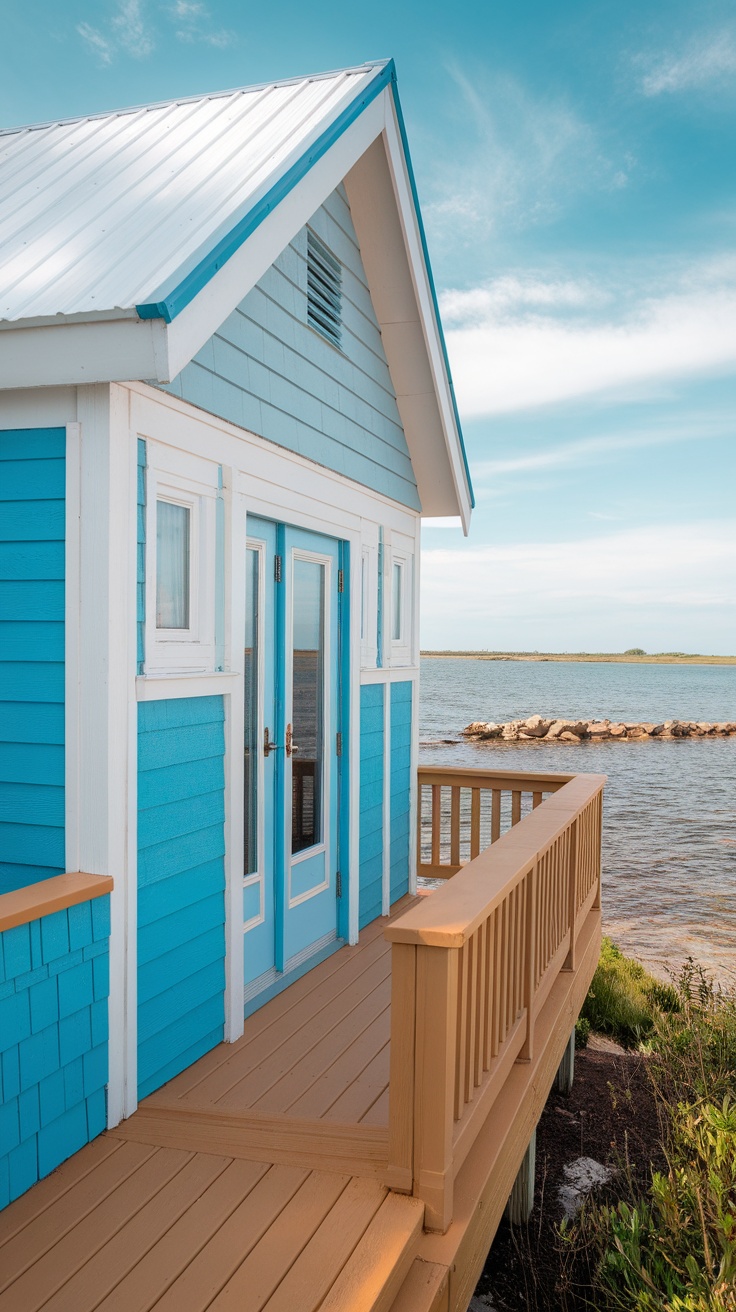 A beach cottage exterior featuring bright blue and beige colors with a view of the water.