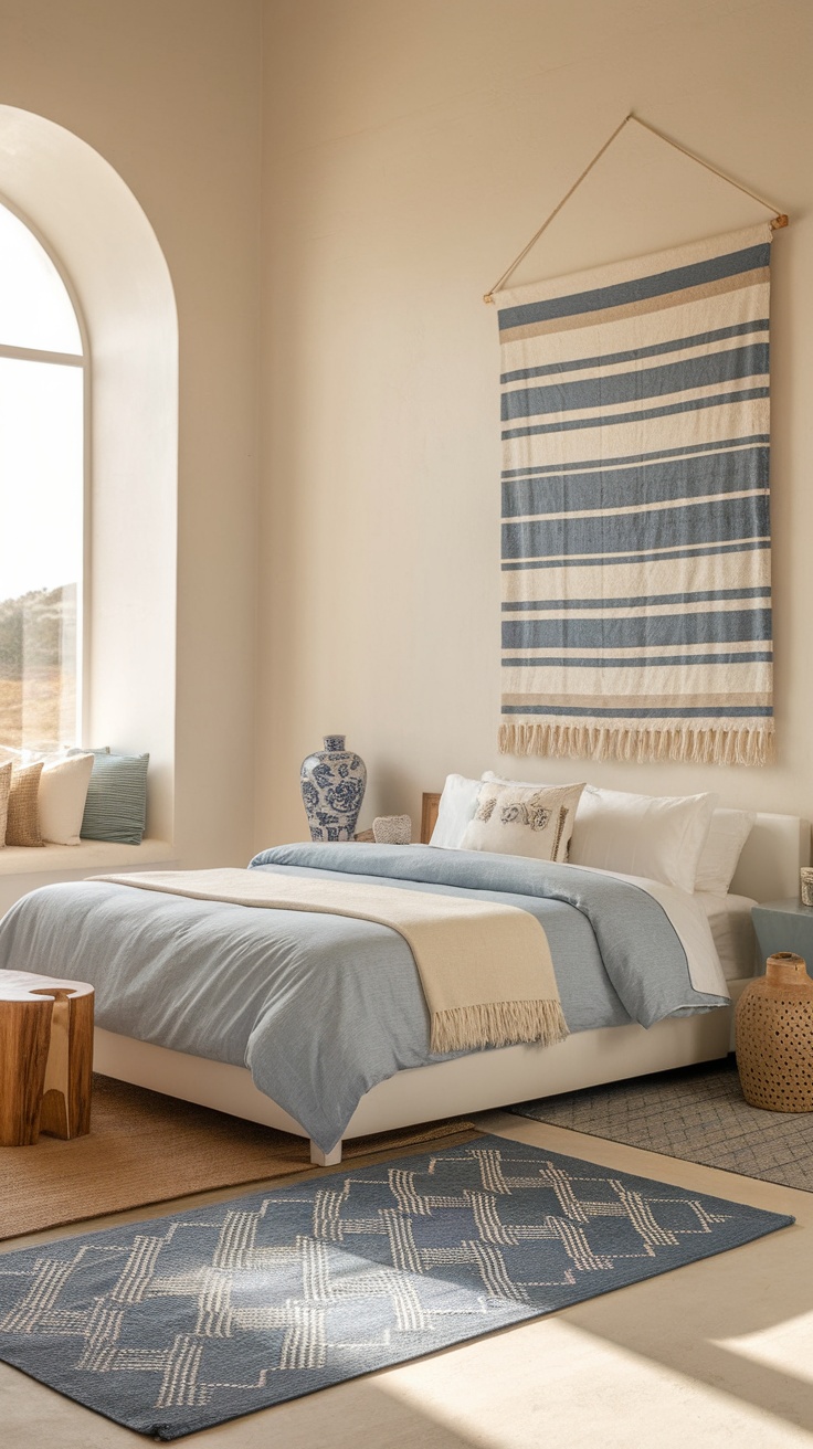 A serene bedroom with soft blue and neutral tones, featuring a cozy bed and decorative elements.