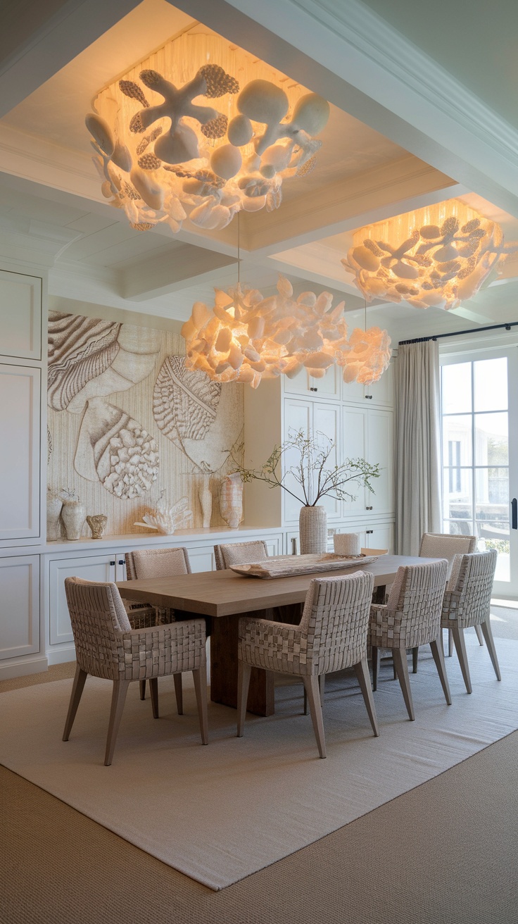 A modern dining area featuring coral-shaped lighting fixtures above a wooden table with woven chairs.