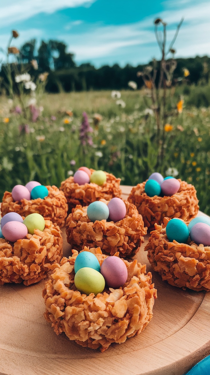 A plate of coconut macaroon nests topped with colorful chocolate eggs, set against a field of flowers.