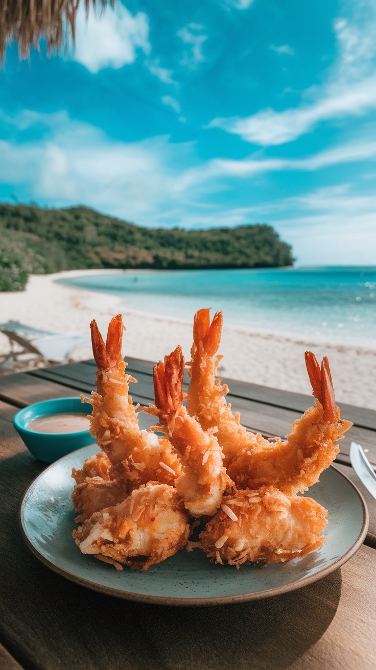 Plate of coconut shrimp bites with a dipping sauce on a beachside table