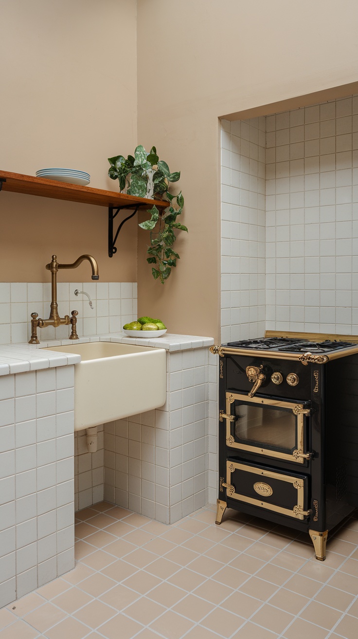 A cozy and inviting tiny cottage kitchen featuring a classic sink and stove with warm wooden shelves.