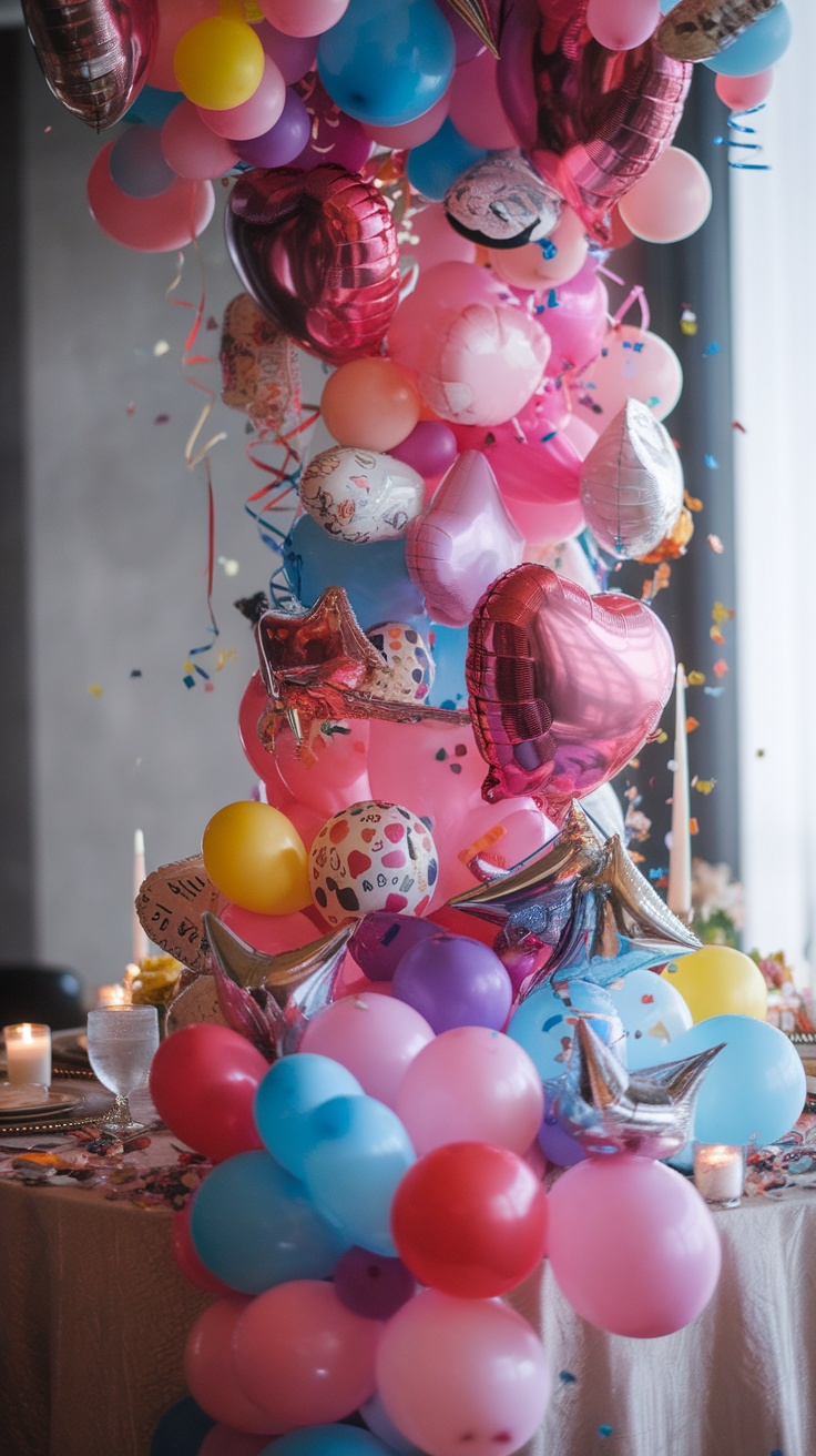 Colorful balloon centerpiece with various shapes and sizes in a vibrant display.