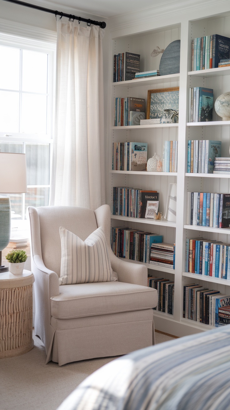 Cozy reading nook in a coastal-themed bedroom with an armchair and bookshelves.