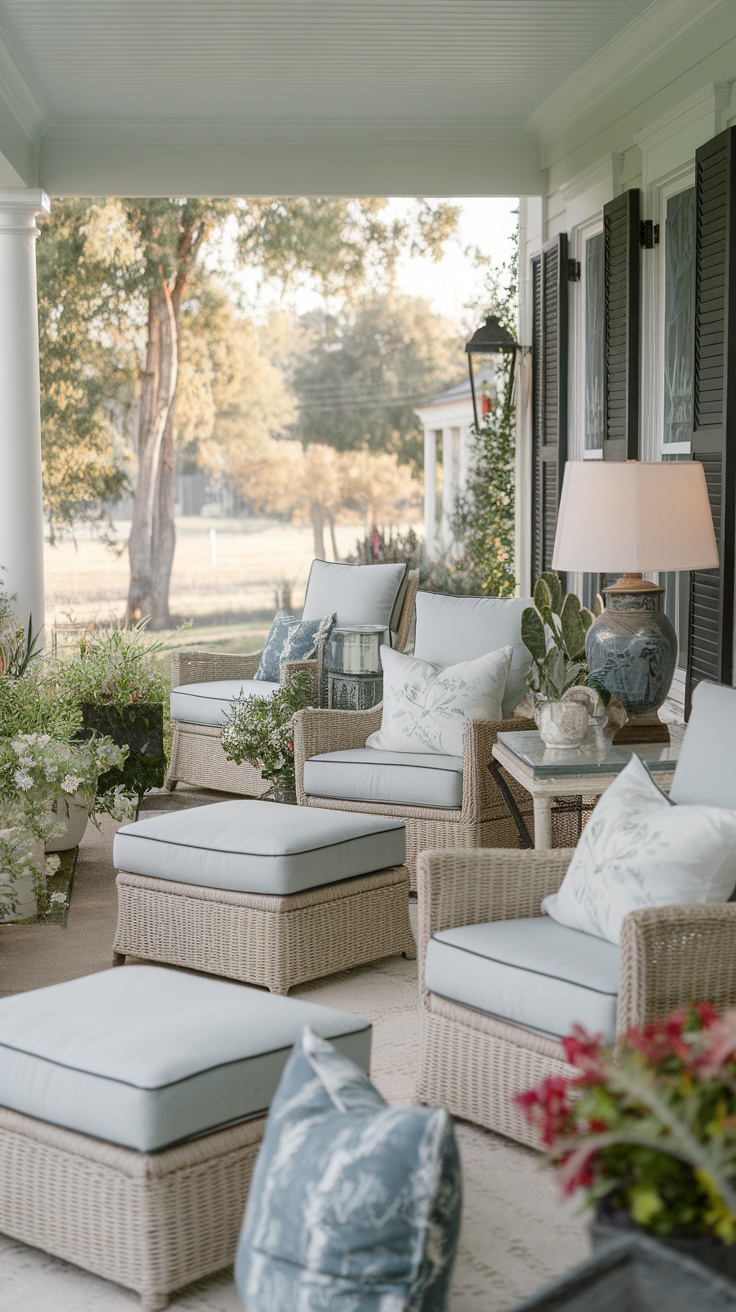 A cozy porch with comfortable seating and soft cushions.