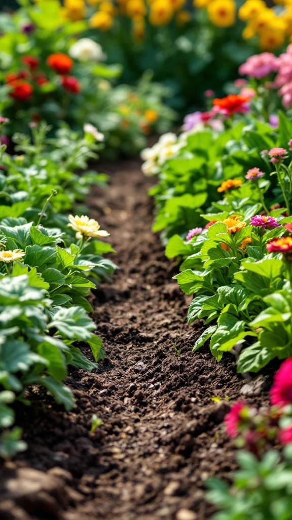 A colorful spring garden with various flowers blooming along a path.