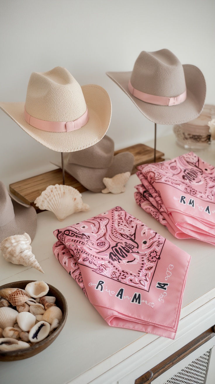 Cowgirl-inspired party favors with pink bandanas and stylish hats arranged on a table.