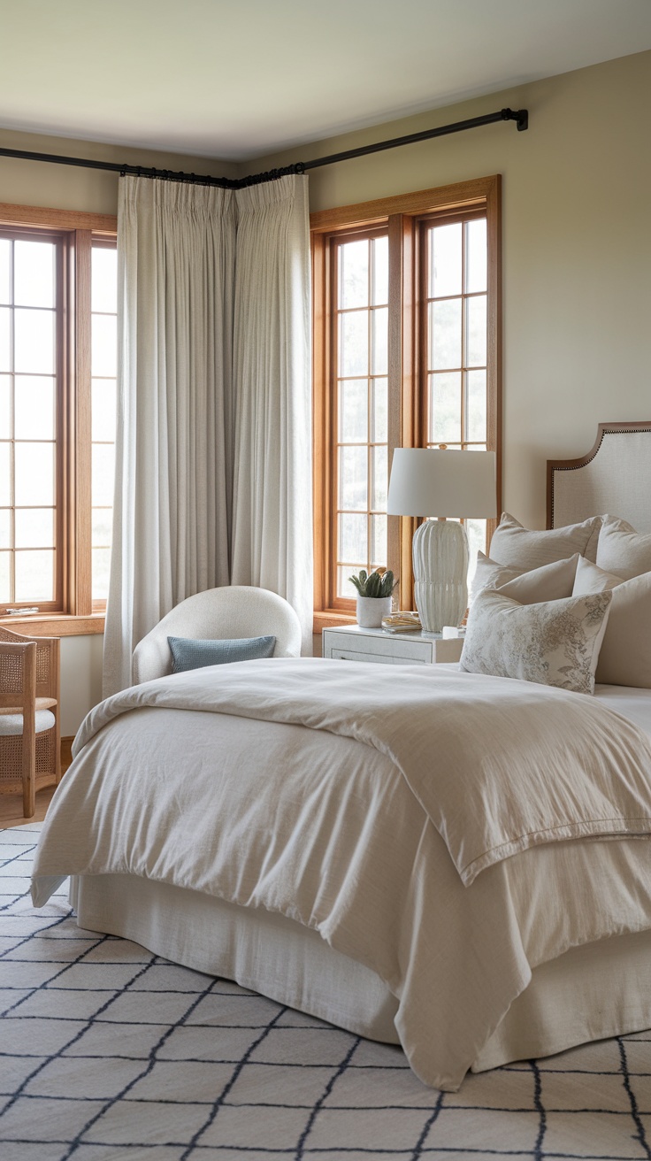 A cozy coastal cottage bedroom with soft bedding and natural light.