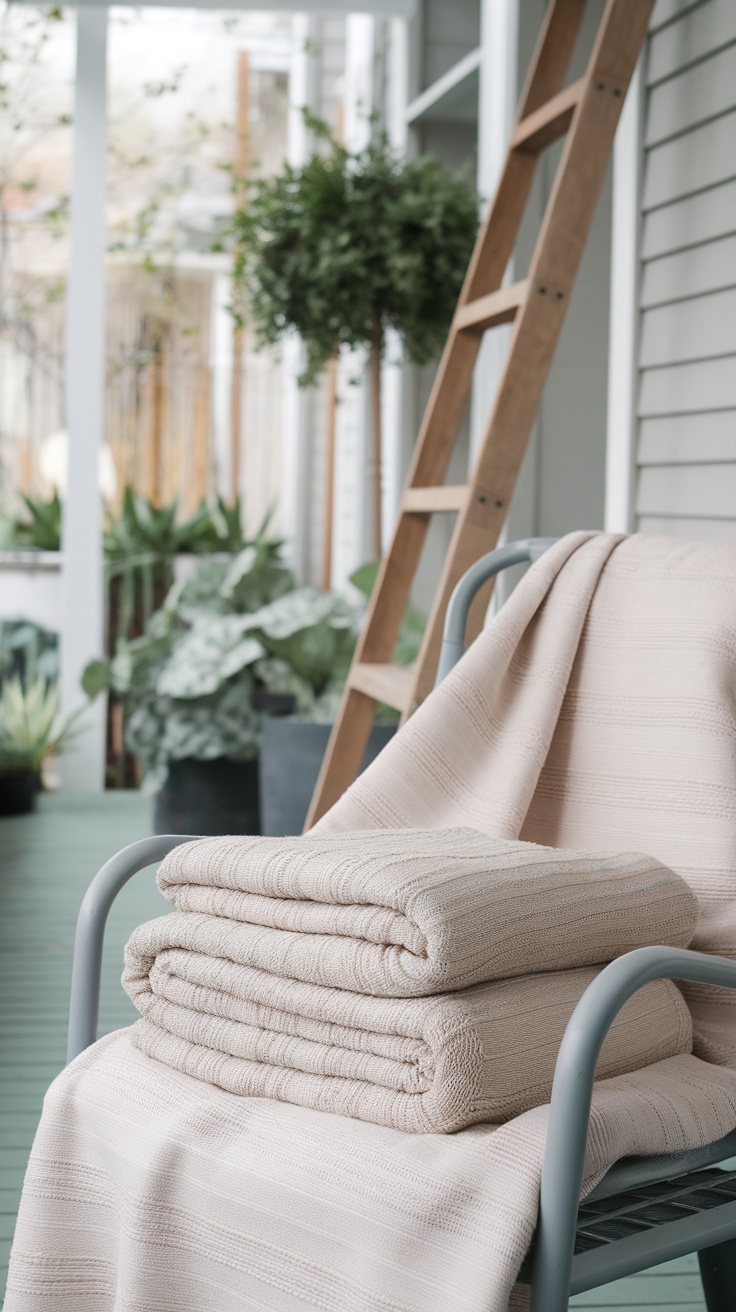 A cozy porch with soft blankets arranged on a chair, surrounded by plants and a ladder.