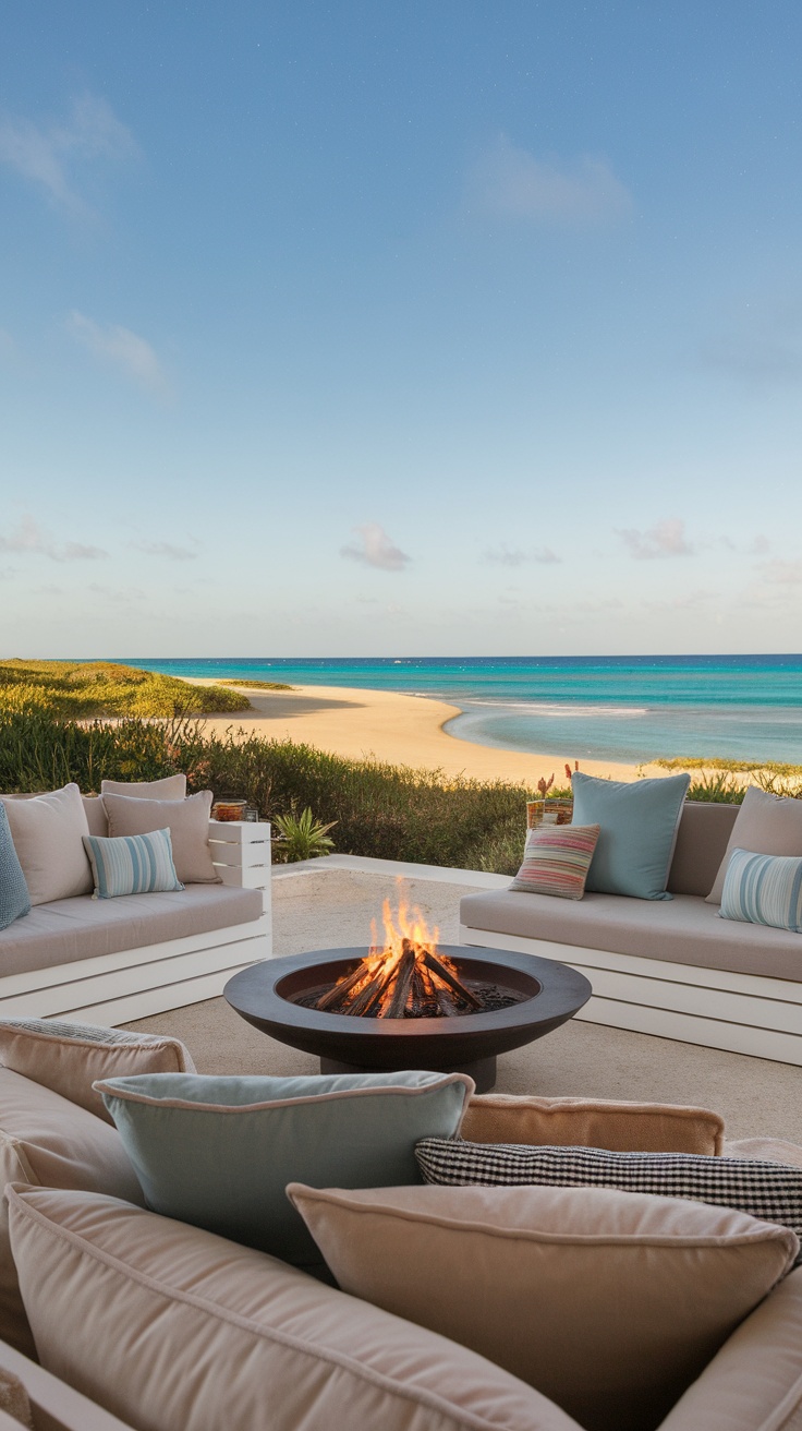 Cozy outdoor lounging area with a fire pit and ocean view