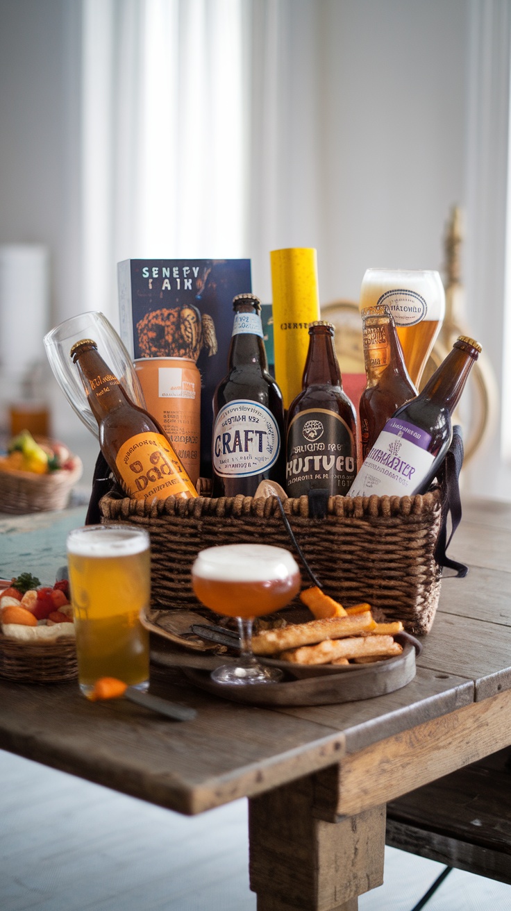 An Easter basket filled with craft beers, glasses, and snacks on a wooden table.