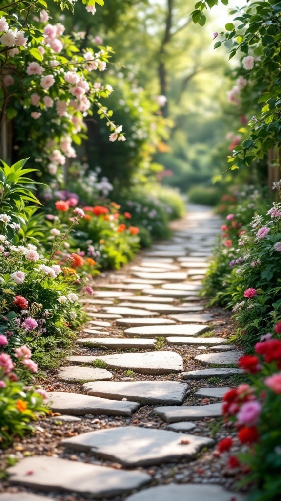 A stone pathway surrounded by colorful flowers in a spring garden.