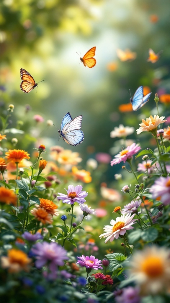 A vibrant spring garden filled with colorful flowers and butterflies.