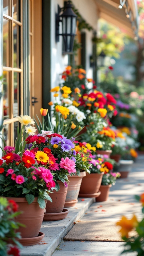 Colorful container garden with various flowers in pots