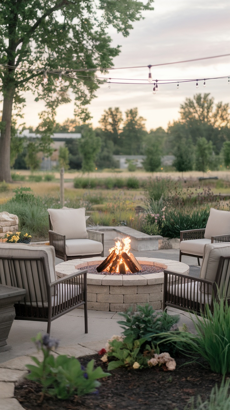 A warm fire pit surrounded by comfortable chairs and greenery in a modern farmhouse setting.