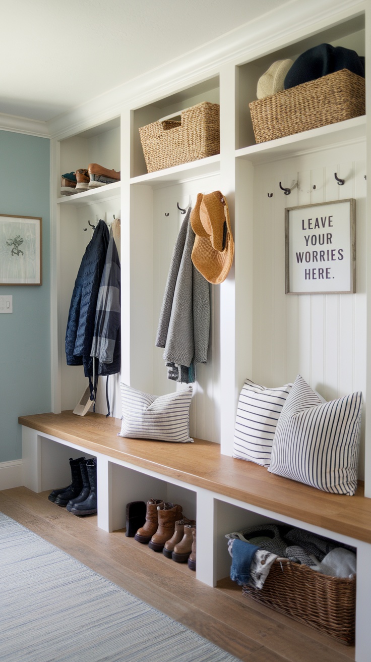 A functional mudroom with hooks for coats, a bench, and storage baskets