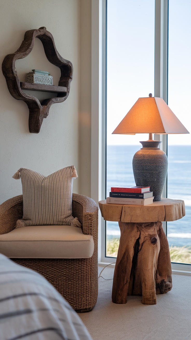 Coastal cottage bedroom reading nook with a chair, lamp, and ocean view.