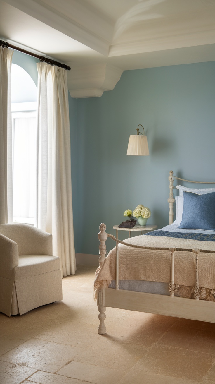 A serene coastal cottage bedroom with soft colors and cozy furnishings.